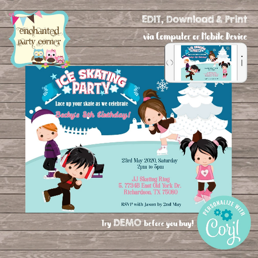Ice Skating Party Digital Birthday Invitation Card