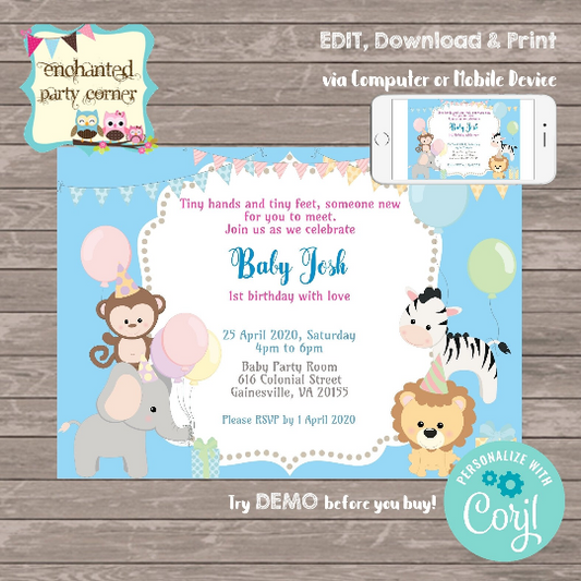 Baby First Animal Digital Birthday Invitation Card