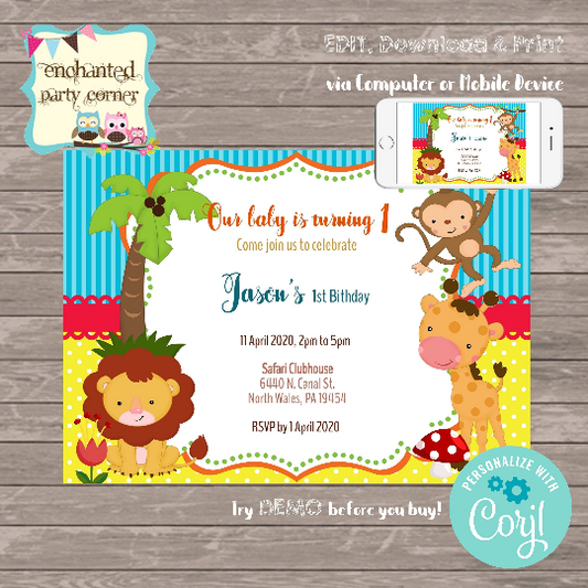 Baby Birthday Animal Digital Birthday Invitation Card