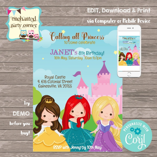 Calling All Princess Digital Birthday Invitation Card Design 2 (Inspired)