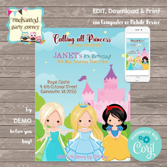 Calling All Princess Digital Birthday Invitation Card (Inspired)