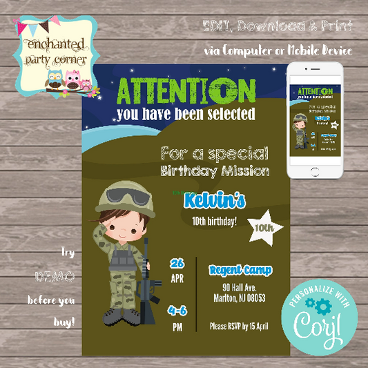 Army Boy Digital Birthday Invitation Card