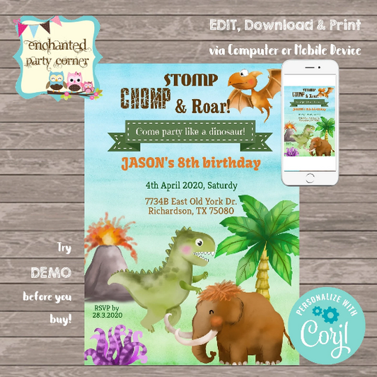 Dinosaur  Digital Birthday Invitation Card