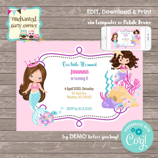 Mermaid Theme Digital Birthday Invitation Card