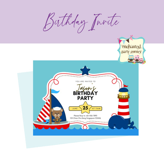 Baby Bear Sailor Digital Birthday Invitation Card