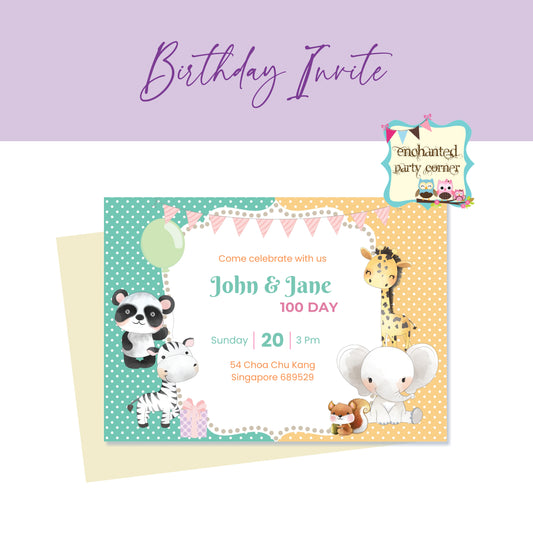 Baby 100 Day Animal Digital Invitation Card - Panda, Elephant, Zebra & Giraffe