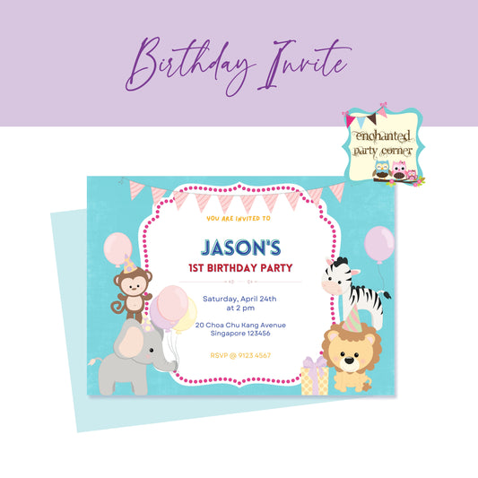 Baby 1st Birthday Invitation Card - Animal & Banner