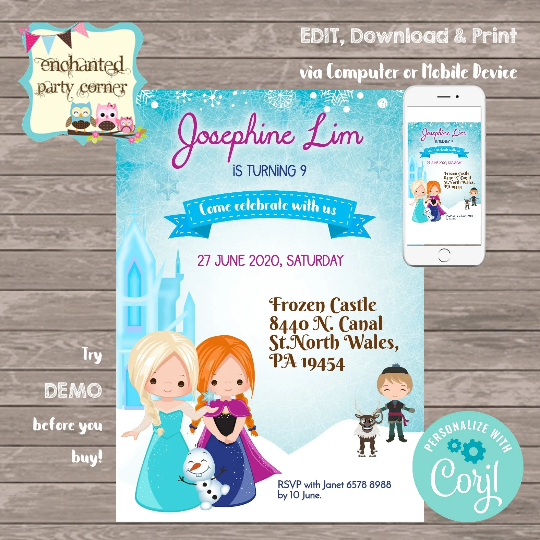 Princess Winter Theme Digital Birthday Invitation Card (Inspired)