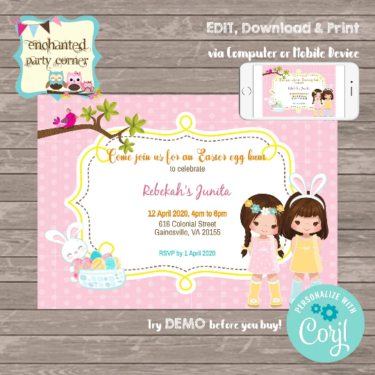 Easter Egg Hunt For Girls Digital Birthday Invitation Card