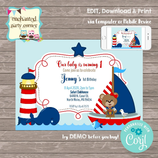 Nautical Baby Bear Digital Birthday Invitation Card