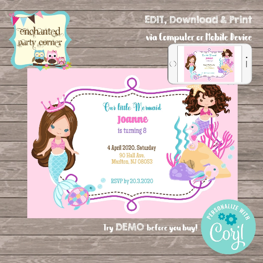 Mermaid Theme Digital Birthday Invitation Card